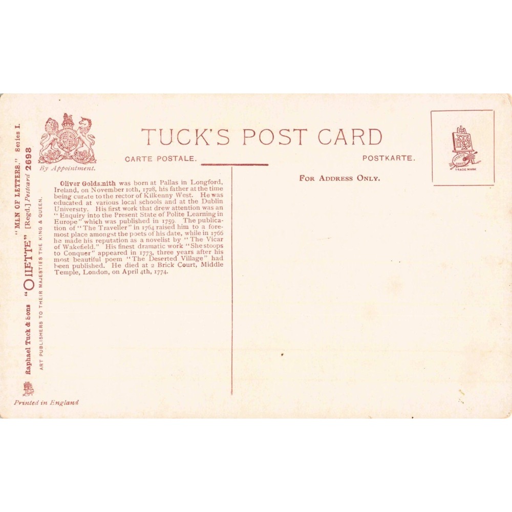 Raphael Tuck & Sons Oilette Postcard Men of Letters Oliver Goldsmith 2698 - Picture 2 of 2